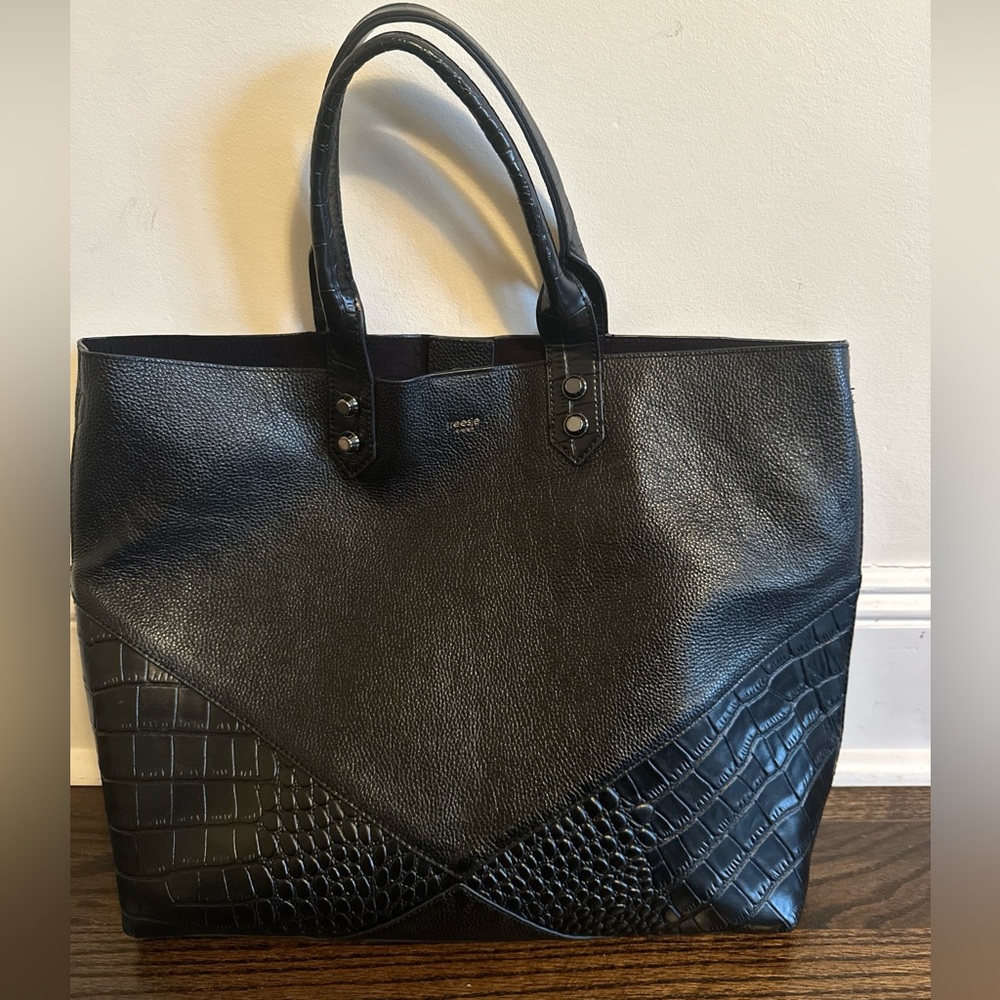 TREESJE LOS ANGELES BLACK PEBBLED LEATHER & CROC TOTE HOBO SHOULDER BAG 2-WAYS
